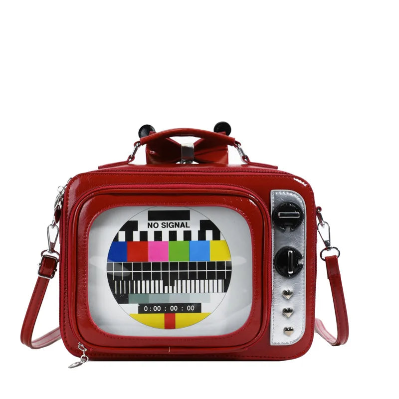 Cartoon Cute Handbags for Women Funny Retro TV Transparent Square Bag Fashion Leather Personalized Creative Shoulder Bag Woman