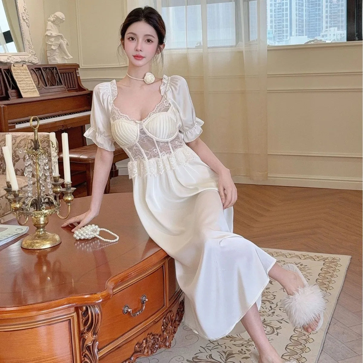 Women Long Nightgown Sleepwear Elegant Retro Court Style Nightdress Home Dressing Gown Spring Summer Rayon Sexy Lace Loungewear