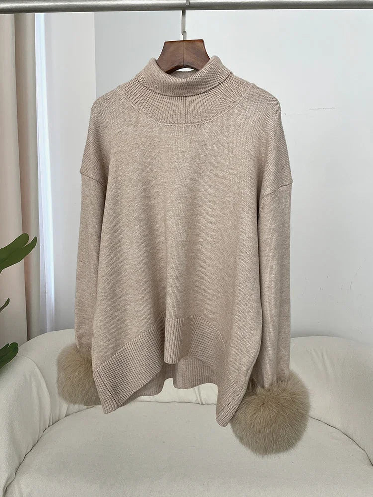 Sweater Women 2024 Autumn Winter Fashionable Sweaters with Real Fox Fur Sleeves Slim Fit Sweaters Fur Knitwear England Style