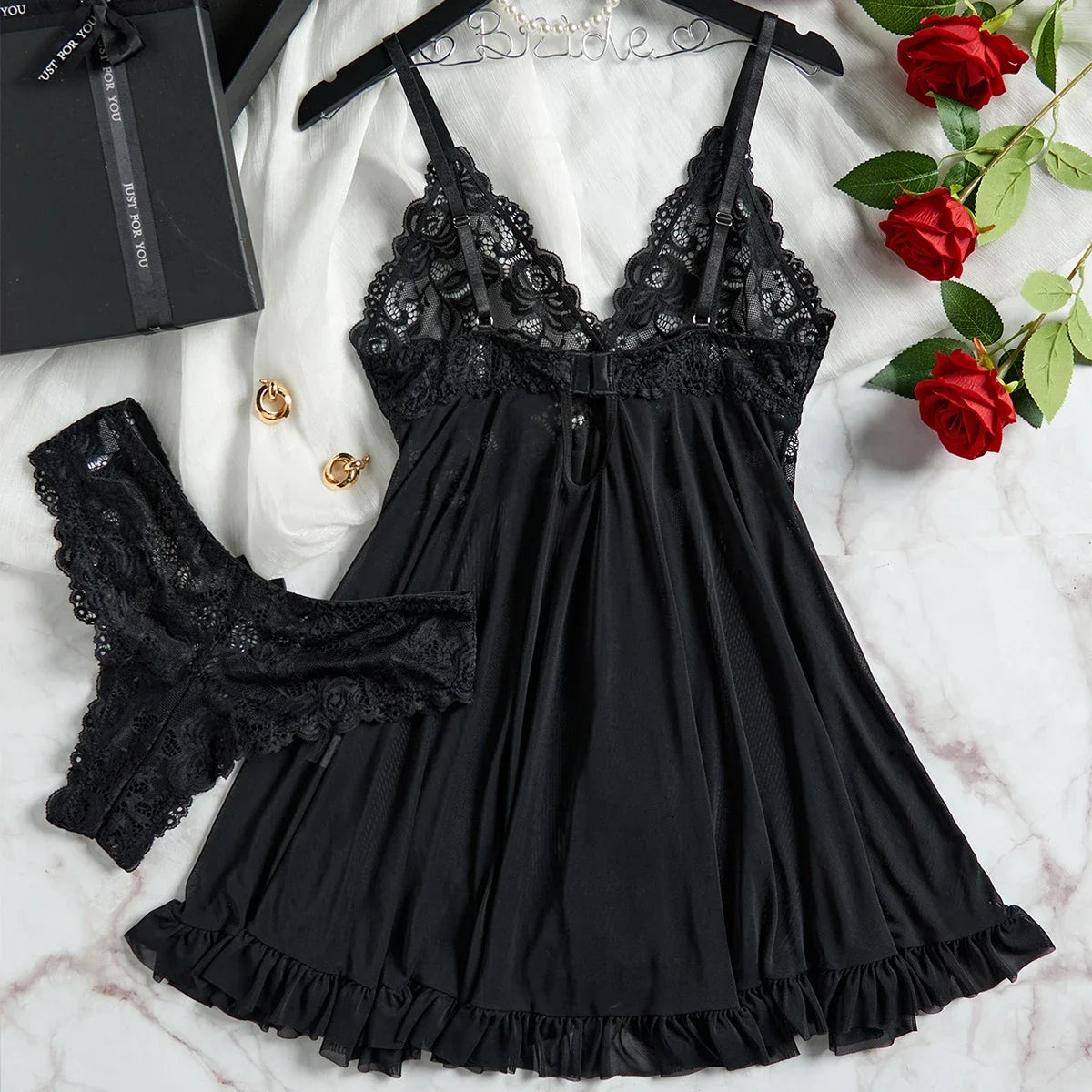 Women Sleepwear Sexy Lingerie Lace Nightdress Mini Dress with Panties Underwear Two-piece Red Backless Pajamas Nightgown Gift