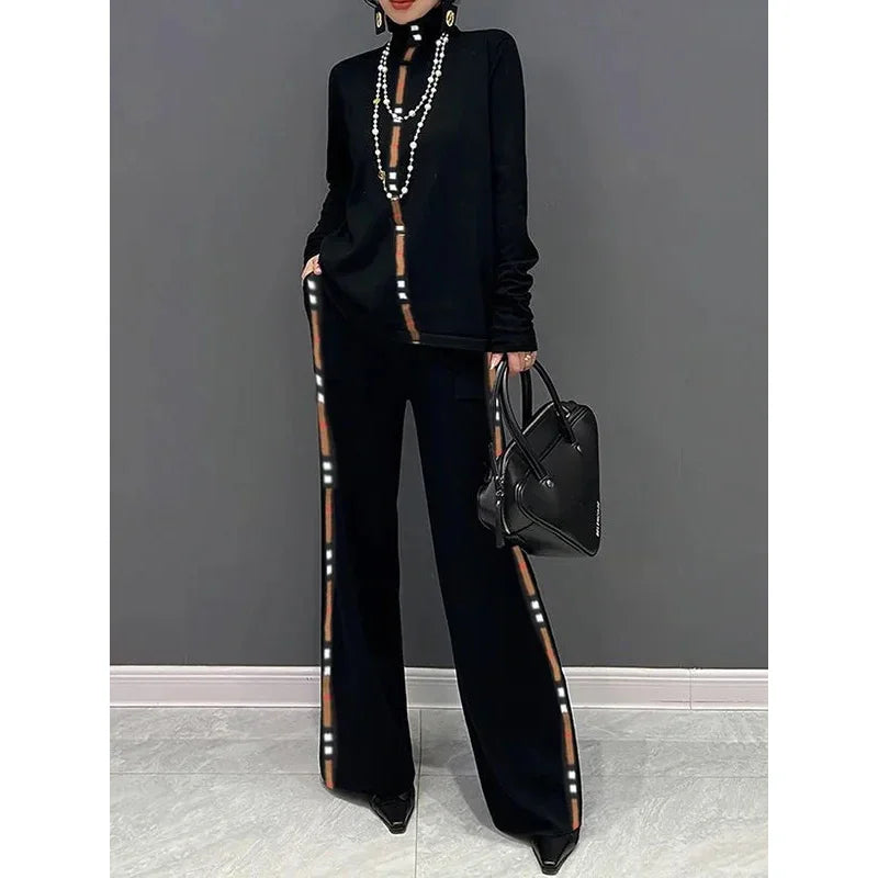 2025 Trousers Sets Women's Two Pieces Set New Spring Elegant Contrast Color High Neck Long Sleeves Wide Leg Pants Suit