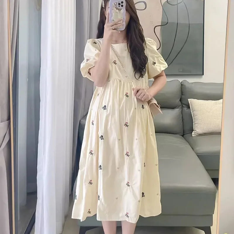 Maternity Chiffon Floral Dress Summer Sweet Ruffled Collar Fashion Printing Pregnant Women Dress Elegant Clothes