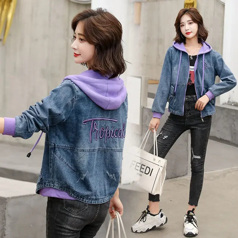 Outerwears Embroidered Spring Autumn Hooded Female Jeans Coat with Print Graphic Women's Denim Jackets Luxury Low Price Harajuku