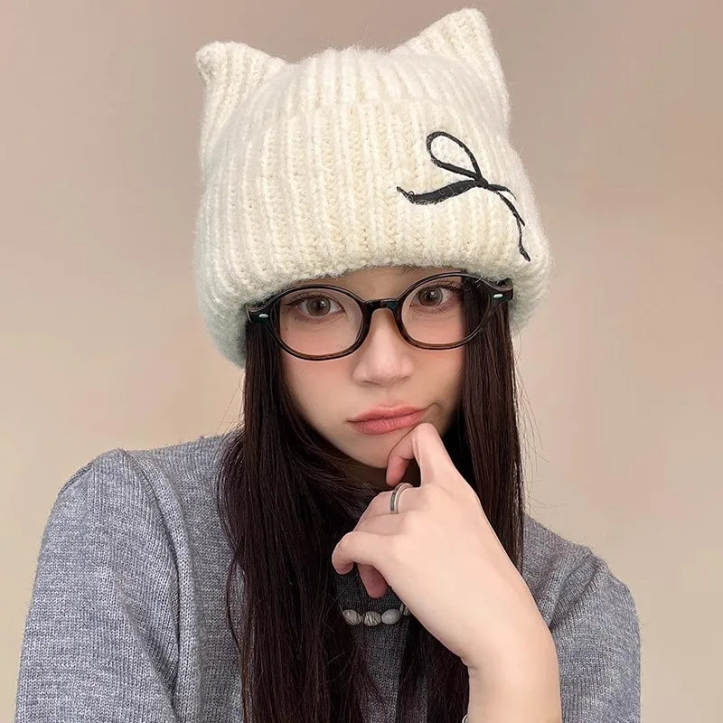 Hat for Women Cute Cat Ears Autumn Winter New Knitted Hat Winter Warm Embroidered Face Slimming Beanie Wool Hat