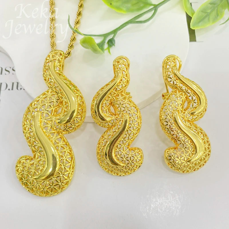 Dubai Golden Jewelry Sets for Women Luxury Italian Bridal Necklace Pendant Earrings Wedding Party Accessories Lady Gifts