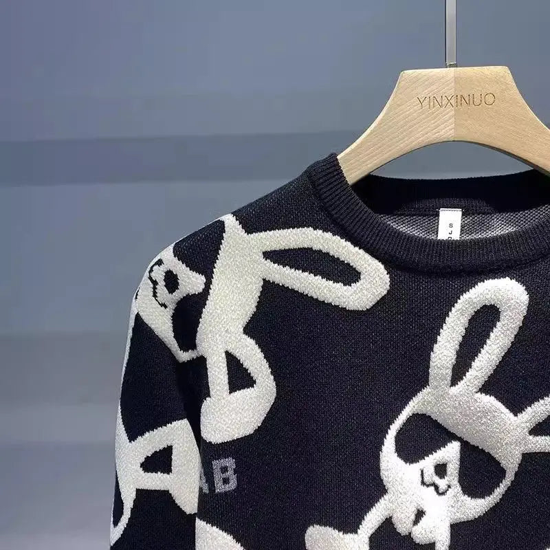 Sweater Men's Autumn Winter New Personality Rabbit Round Neck Casual Knitted Sweaters Flocking Print Long Sleeves Slim Pullover