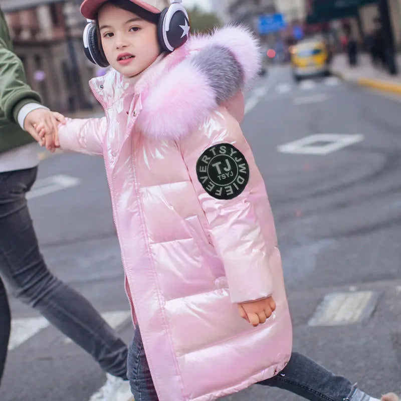 Warm Winter Jacket For Girls Coat Fashion Waterproof Shiny Hooded Children Outerwear Clothing 5-14 Years Teenage Kids Parka