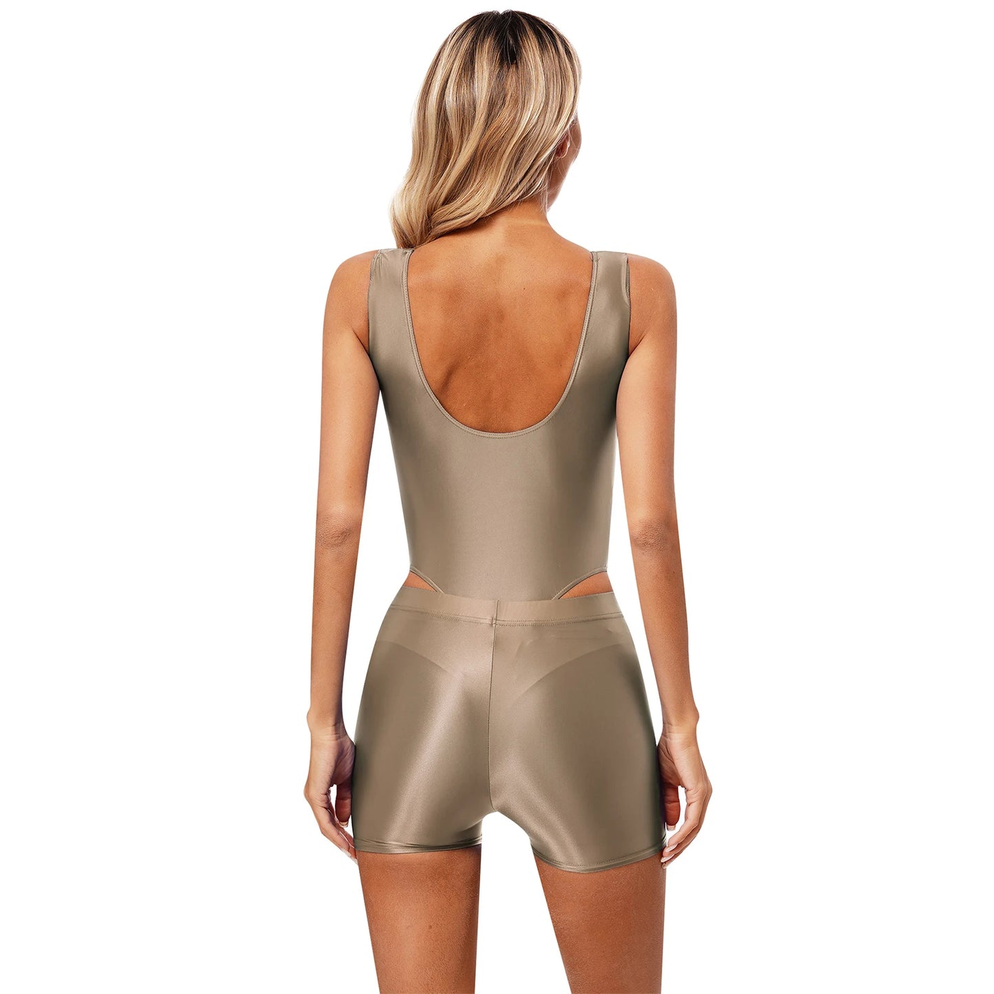 Womens Glossy Swimsuit High Cut Backless Sleeveless Bodysuit with Elastic Waistband Shorts for Gym Yoga Sports Fitness Swimming
