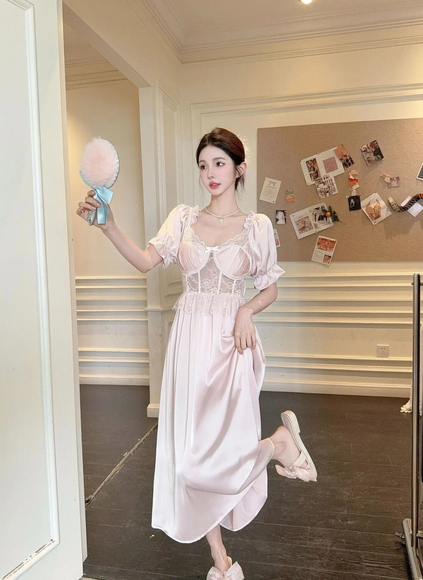 Women Long Nightgown Sleepwear Elegant Retro Court Style Nightdress Home Dressing Gown Spring Summer Rayon Sexy Lace Loungewear
