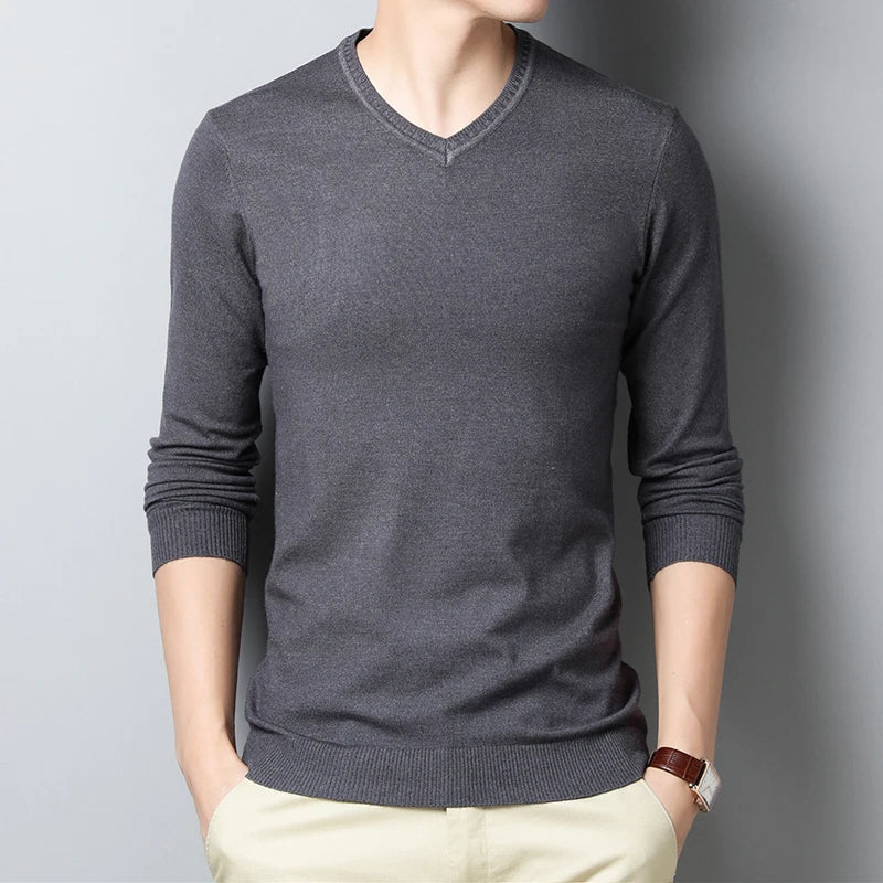 Sweater men's solid color sweater V-neck sweater thin design spring and autumn winter knitted base sweater