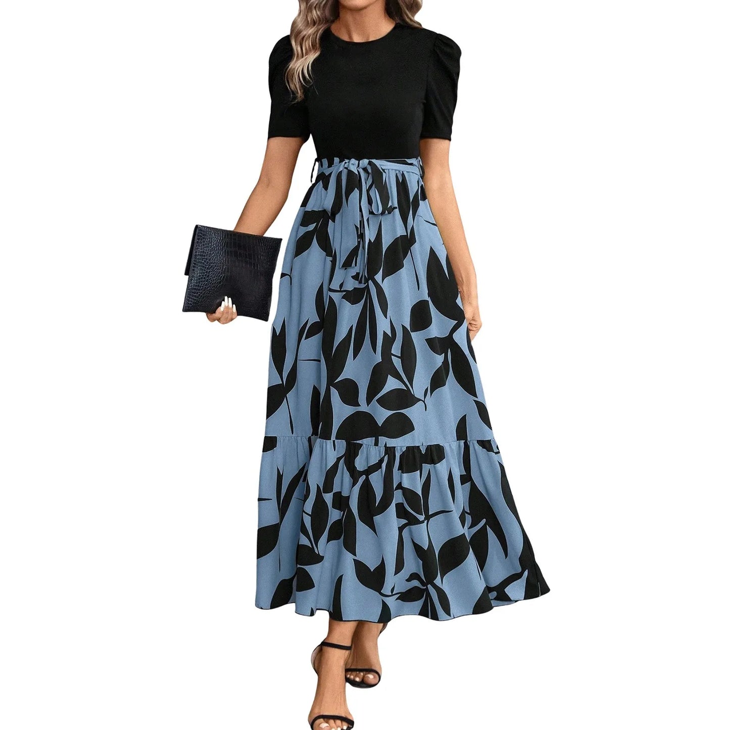 Elegant Women'S Dresses Floral Print High Waist Long Dresses Y2k Short Sleeved Round Neck Office Clothing Vestidos Para Mujer