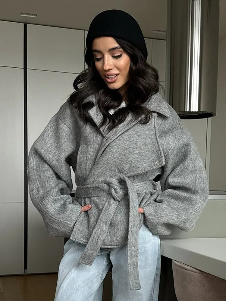 Women's Coat Elegant Laple Woolen Lace Up Belt Pocket Thicken Full Sleeve Female OverCoat 2025 Autumn Winter New Lady Outwears