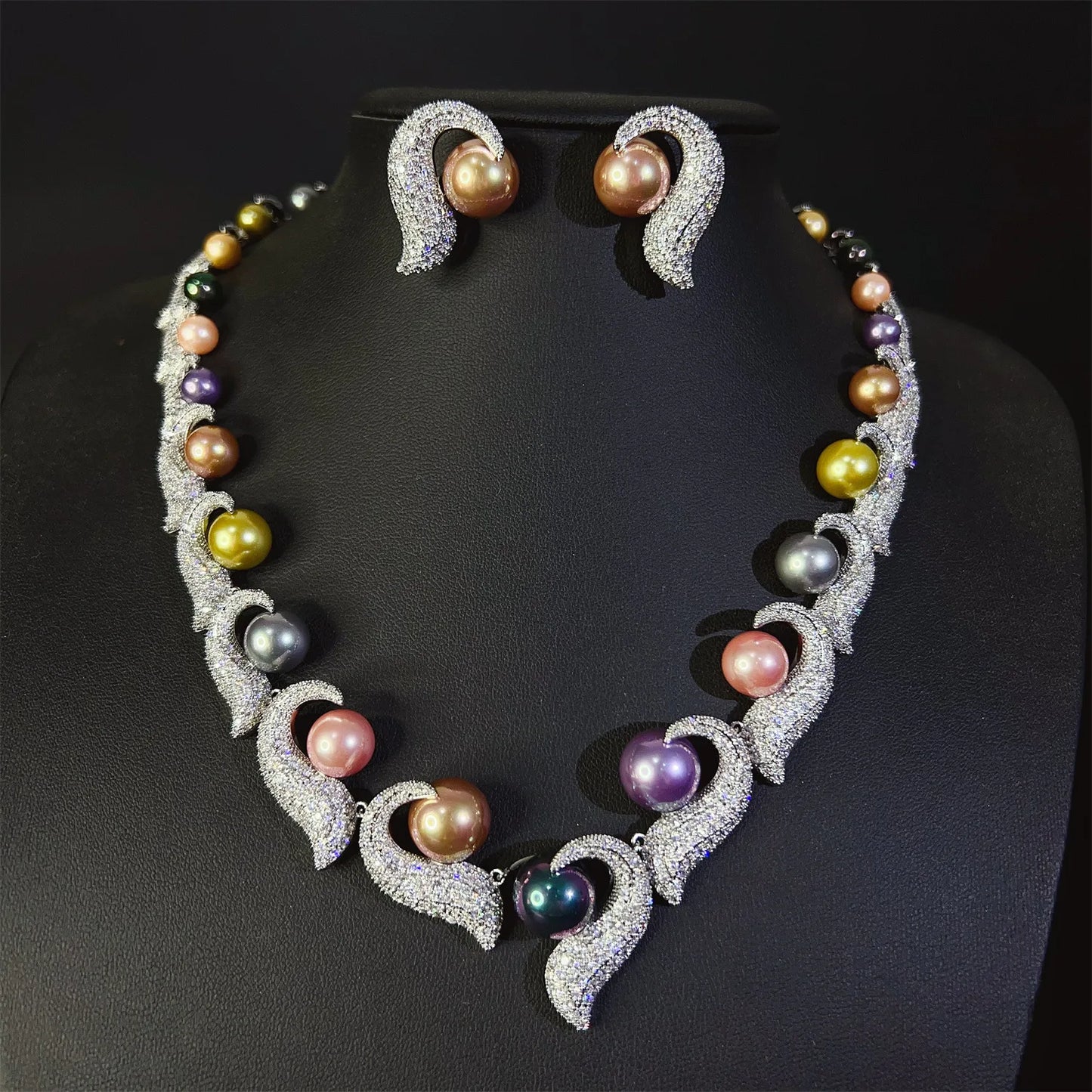 wedding bride jewelry sets silver gold color colorful pearls jewelry dinner party shiny zirconia anniversary gift women