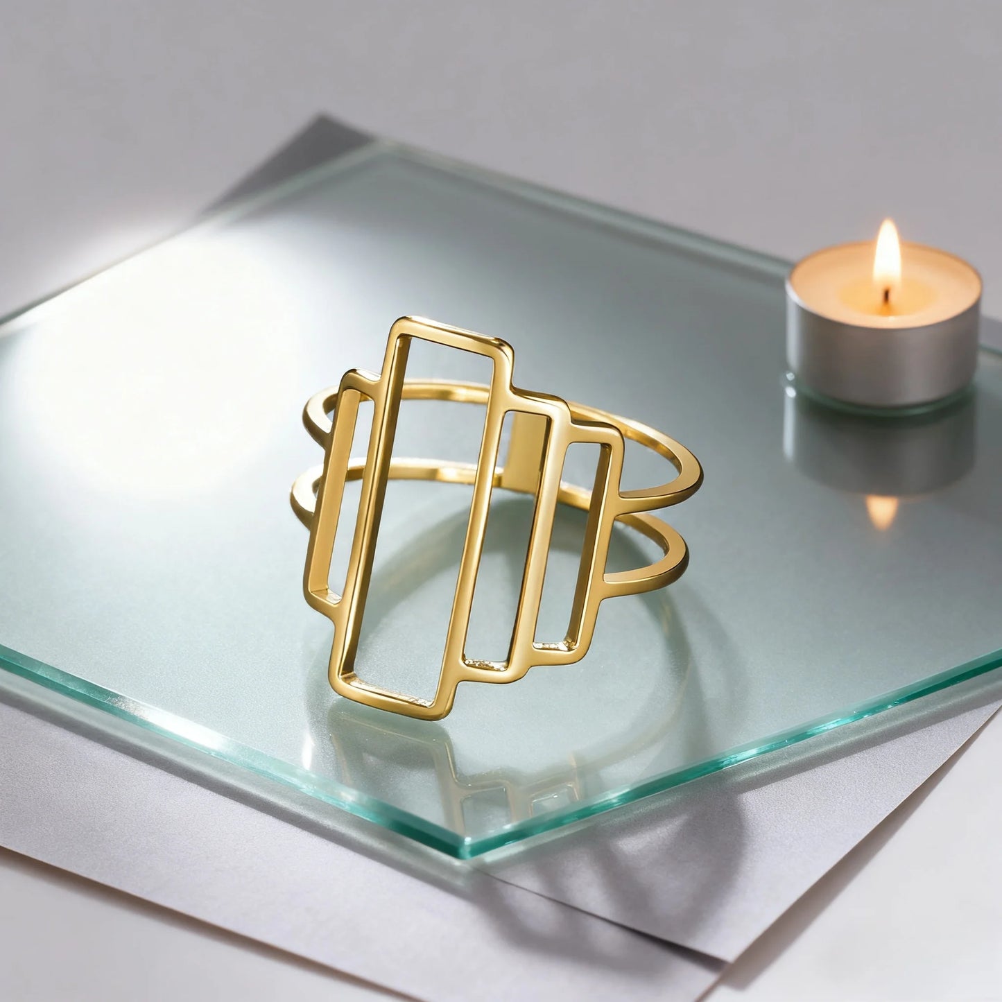 Fashionable and minimalist rectangular geometric ring with hollowed out lines geometric building ring minimalist couple ring