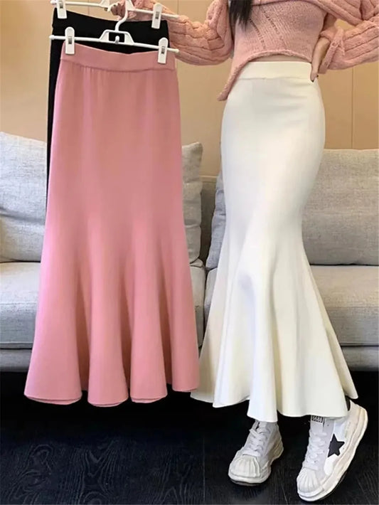 Knitting Skirts For Women Fashion High Waist Slim Trumpet Mermaid Skirts Office Ladies Casual Elegant Ankle Length Long Skirt