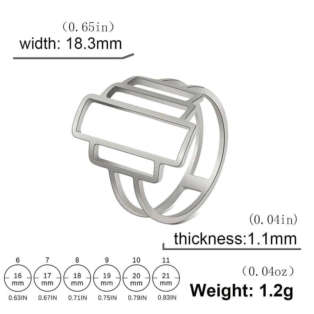 Fashionable and minimalist rectangular geometric ring with hollowed out lines geometric building ring minimalist couple ring