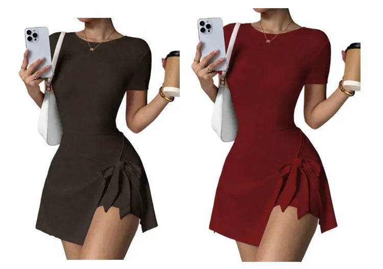 Women Yoga Bodysuit Short Dress Slimming Open Back Two Piece Look Anti See Through Athletic Tennis Skirt for Outdoor Workout