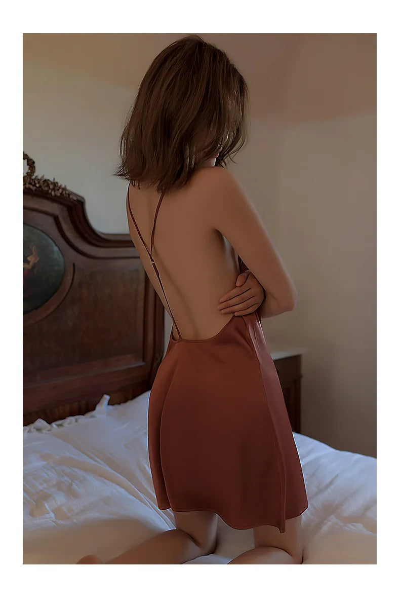 Sexy nightwear women Sleepwear Deep V Suspender Nightdress Beauty Back Simulation Silk Nightgowns Thin Home Clothes