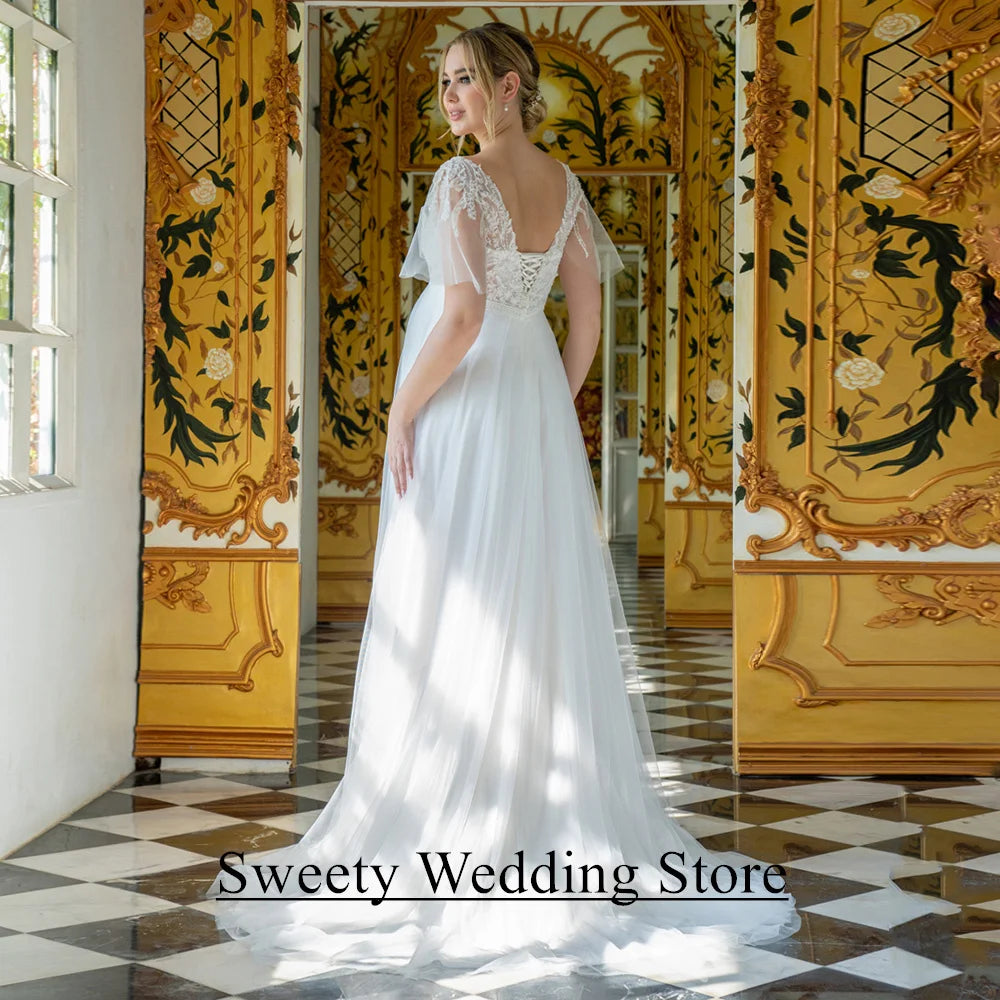 Pregnant Bride Wedding Dress Customized V Neck Flare Sleeves Beading Applique Tulle A Line Sweep Train Corset Bridal Gown