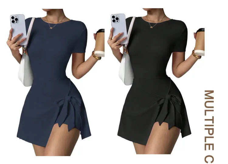 Women Yoga Bodysuit Short Dress Slimming Open Back Two Piece Look Anti See Through Athletic Tennis Skirt for Outdoor Workout