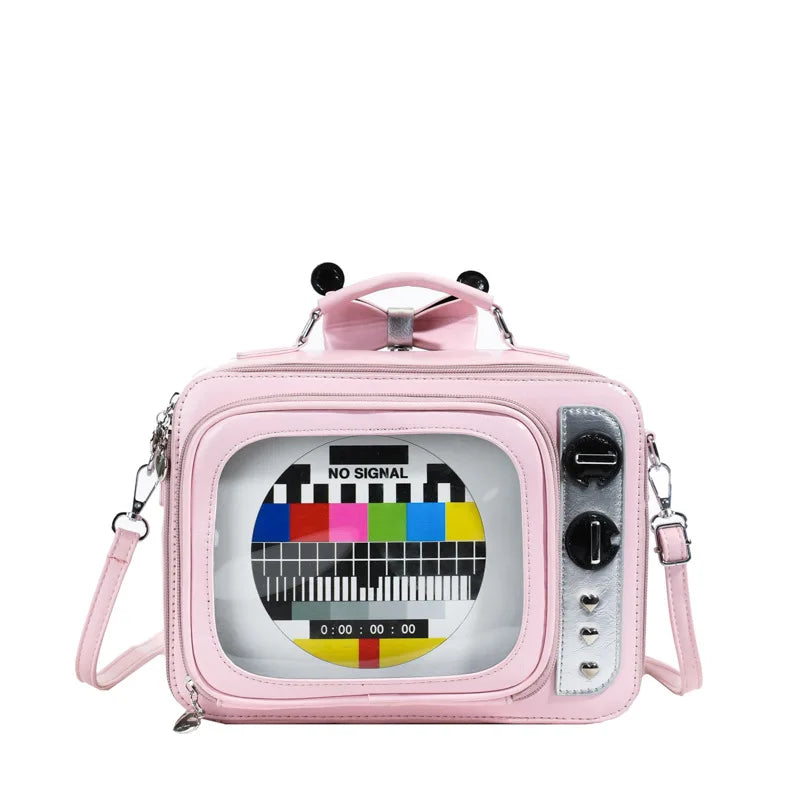 Cartoon Cute Handbags for Women Funny Retro TV Transparent Square Bag Fashion Leather Personalized Creative Shoulder Bag Woman
