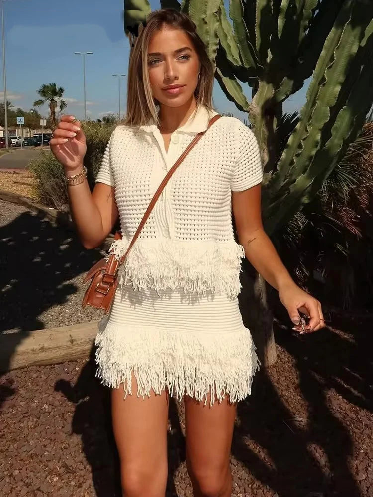 Tassel Skirt Sets Short Sleeve Knitted Tops Sexy Hip Hugging Skirts 2 Piece Set Women's Party Streetwear 2025 Woman Outfits