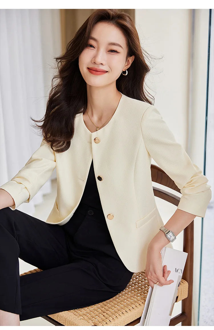 High quality blazer for women short jacket single breasted O neck spring autumn elegant office clothes pink yellow blue white