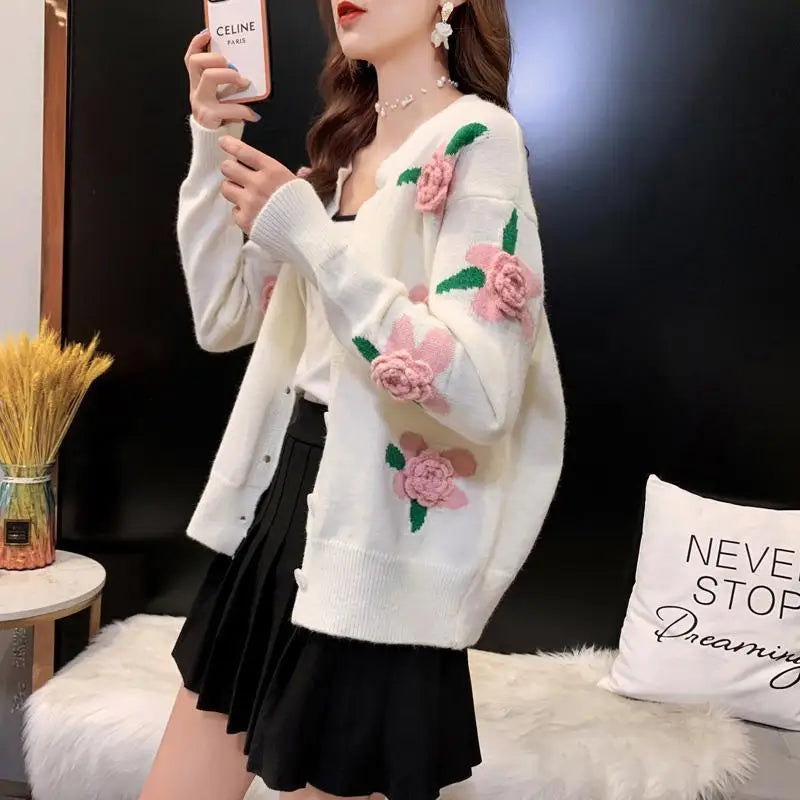 Sweater Female 2023 Spring and Autumn Knitwear Women Heavy Industry Rose Blossom Embroidery Contrast Sweater Coat Cardigan