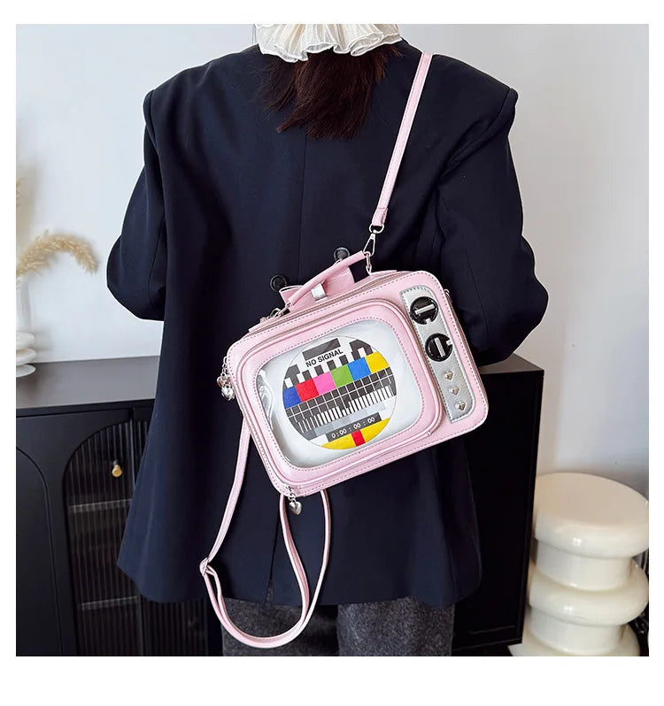 Cartoon Cute Handbags for Women Funny Retro TV Transparent Square Bag Fashion Leather Personalized Creative Shoulder Bag Woman