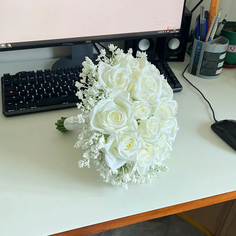 Bridal Bouquet Wedding Flowers Bridesmaids Silk Roses Fake Babys Breath Bride Wedding Accessories Table Centerpiece Decoration