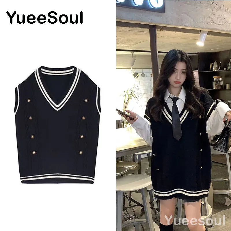 Sweet Kawaii Sweater Vest Printed Sleeveless Casual Outerwear Knitted Waistcoat 2023 Vintage Y2K Spring  E Girl Pullovers Tops