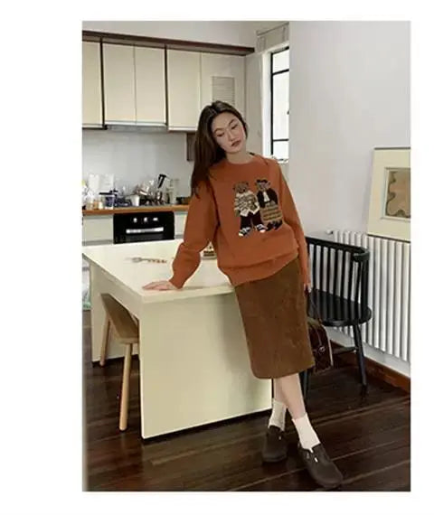 Sweater cartoon small bag core yarn needle retro women's  loose round neck knitted sweater new print black