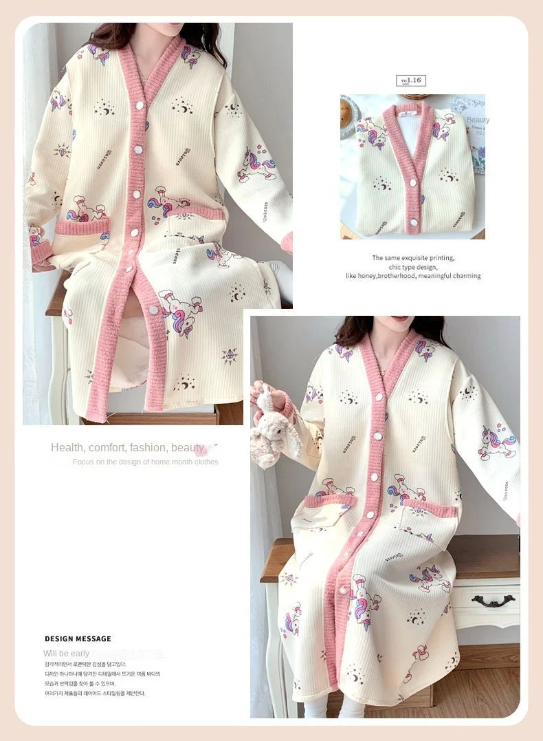 Maternity Sleepwear Nursing Nightwear Long Sleeve Robe Loose Fit Pregnant Women Homewear Winter Comfortable Fleece Nightwear