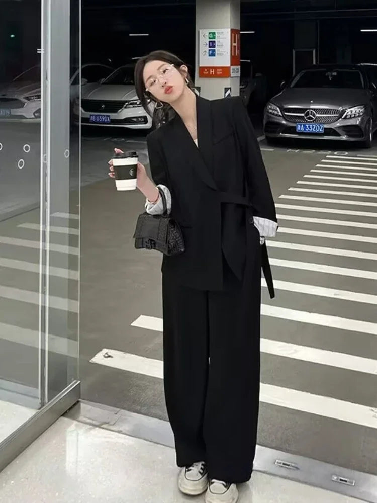 Women's Fashion Office Suit Set Casual Oversized Blazer And Wide Leg Pants Two-Piece Long Sleeve Top Bottoms Combo