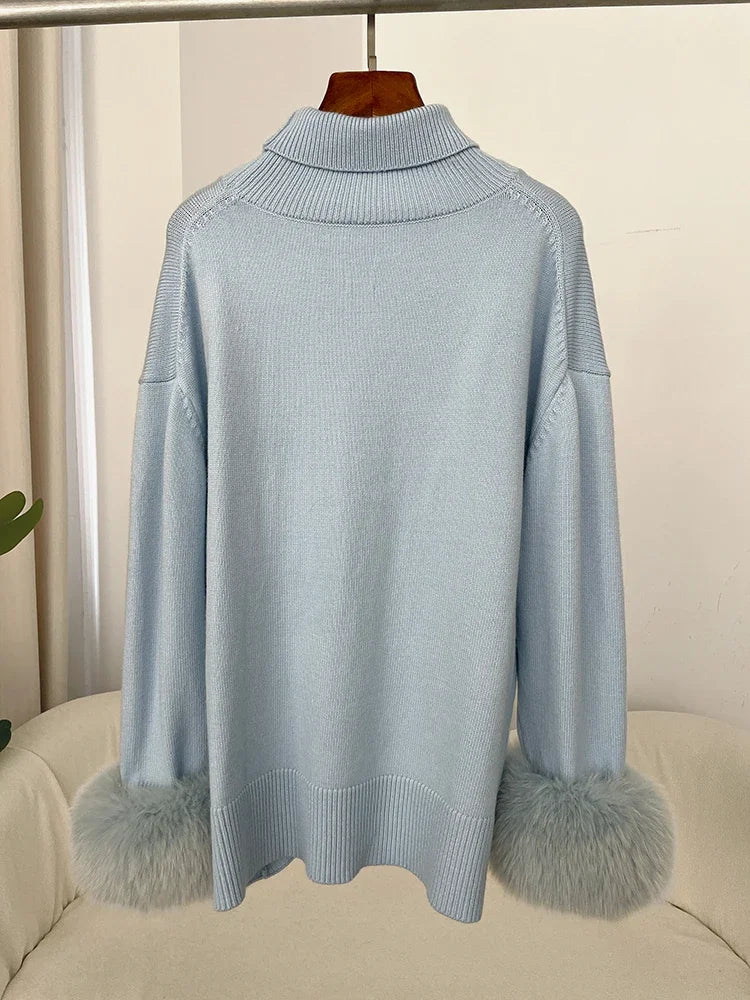 Sweater Women 2024 Autumn Winter Fashionable Sweaters with Real Fox Fur Sleeves Slim Fit Sweaters Fur Knitwear England Style