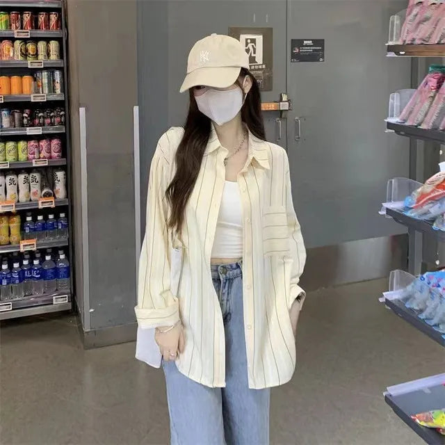 Striped Shirts & Blouses For Women Elegant Chic High Quality Clothing Trend 2025 Pretty Promotion Youth Cool Button Up Woman Top