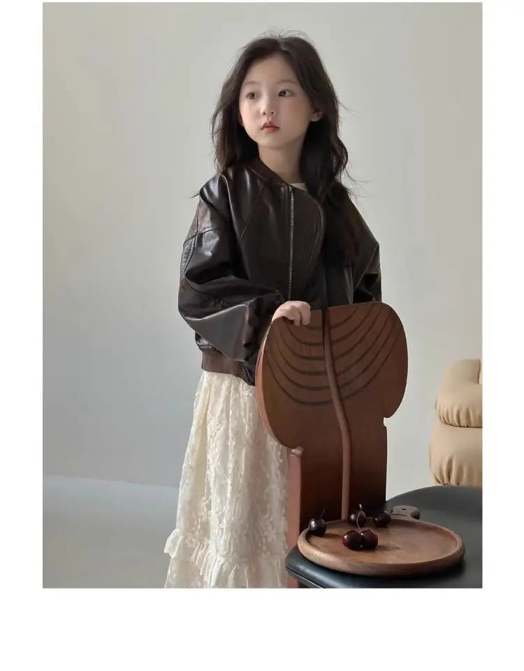 Girls' outerwear Spring and Autumn 2025 New Fashionable Outerwear Short Leather Jacket Autumn Clothing for Children