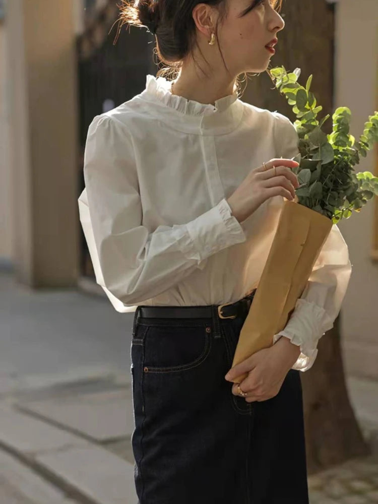 Shirts Women Temperament Design Tender Retro Sweet Korean Style Femme Ins Fashion Pure Spring All-match Daily Leisure Minimalist