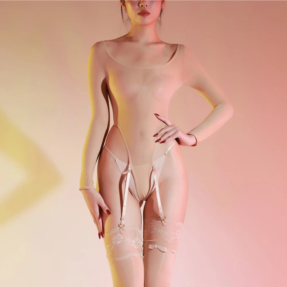 Sexy Women Garter High Cut Bodysuit Sheer See Through 5DThin Shaper Tights Bandage Elastic Leotard Pajamas Maid Wear