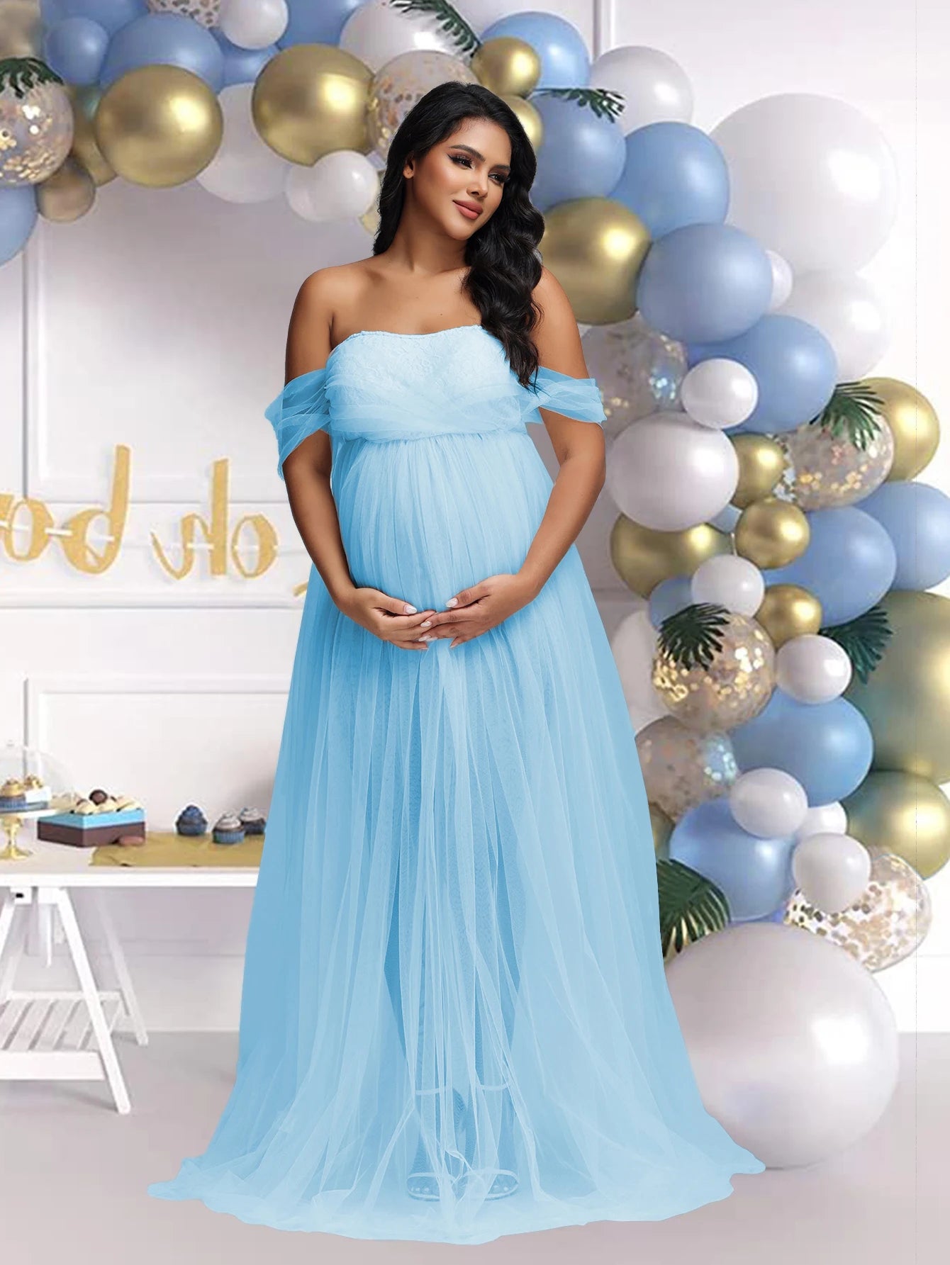 Pregnancy Dresses Maternity Photo Shoot Maxi Gown Off Shouder Lace Mesh Women Clothing for Baby Shower Photography Props
