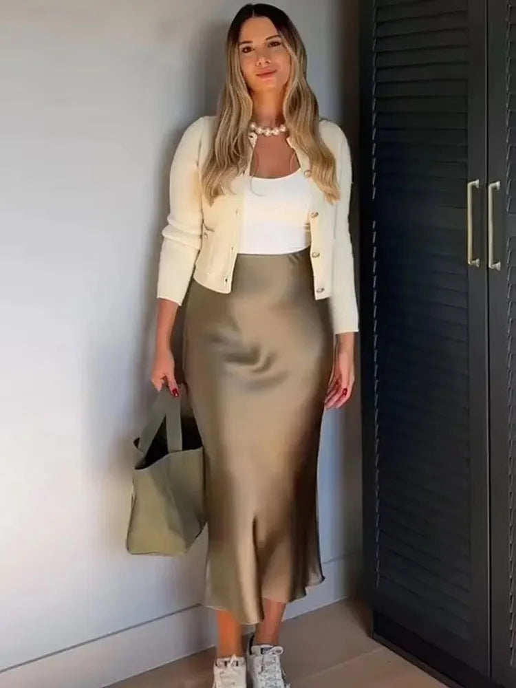 HH Skirts For Women 2024 Summer Solid Satin Sheath Long Skirt Female Show Curve Beach Outfits For Woman Mermaid Skirts