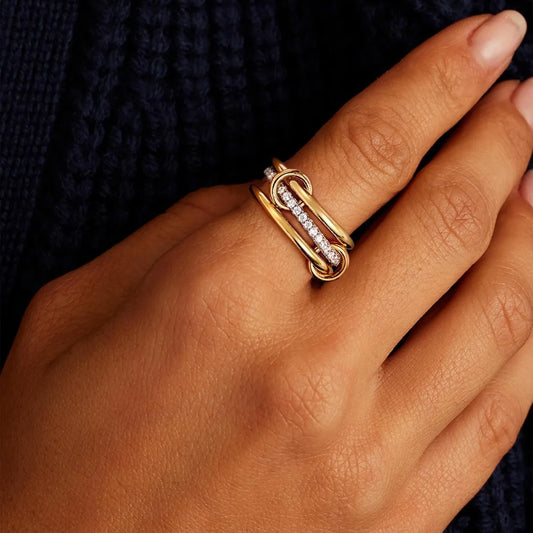 A Three-Ring Two-Color Stacking Ring, Copper Jewelry Inlaid With Zircon, Street Hip-Hop Style Hypoallergenic, Suitable For Women