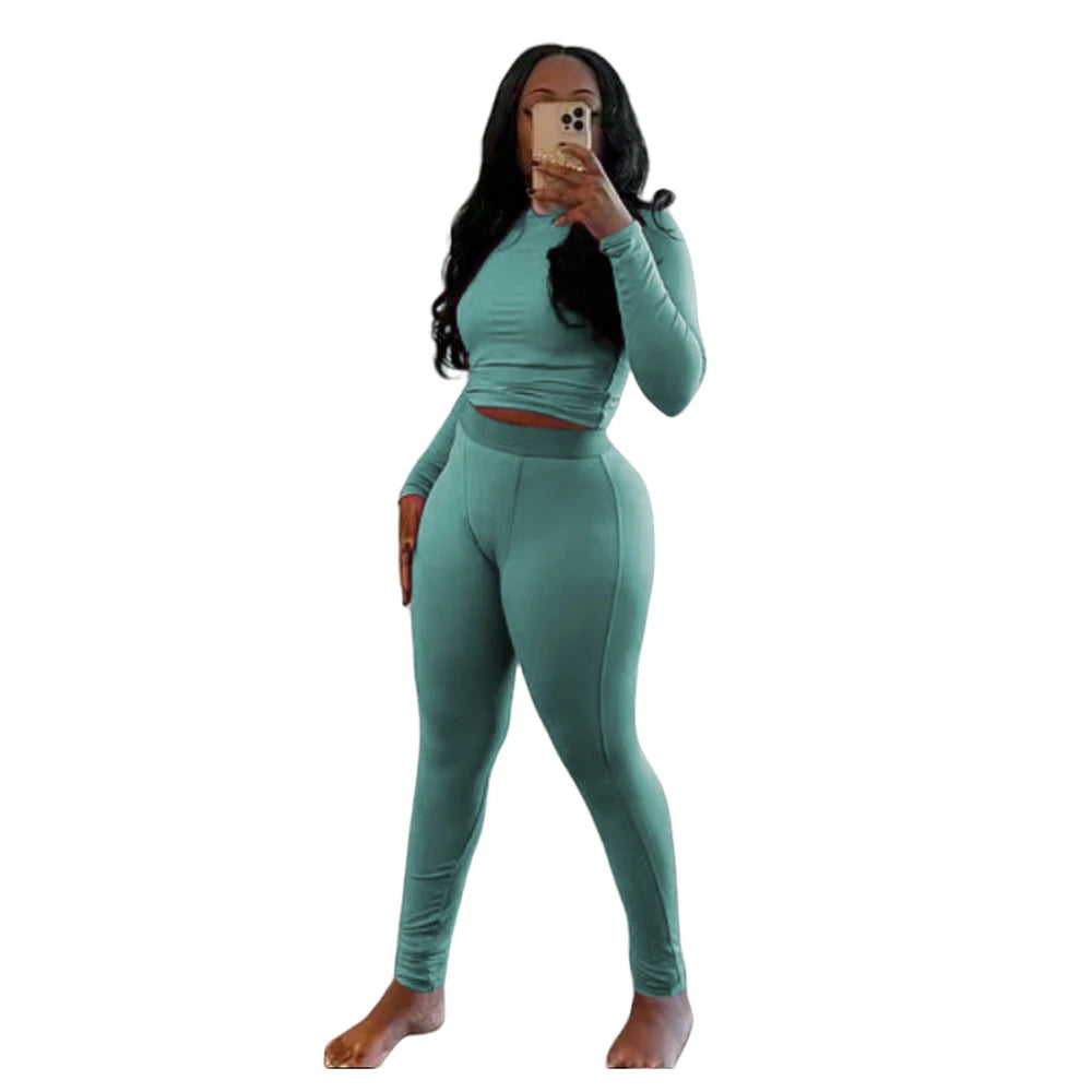 Elastic Yoga Outfits Lounge Sets for Women Autumn 2 Piece Set Ladies Activewear Basic Ribbed Long Sleeve Casual Jogging Suit