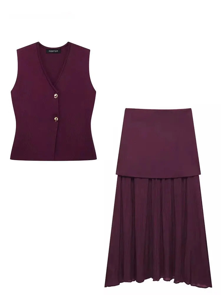 HH 2025 Women Skirt Set Wine Red Knitted V-Neck Sleeveless Slim Vest +Solid High Waist Zipper Patchwork Long Skirt Street