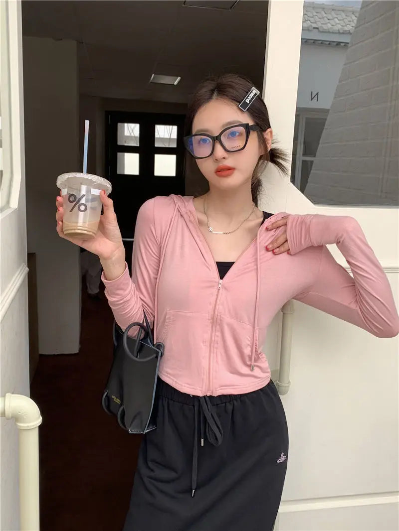 Hooded Jackets Women Thin Sunscreen Solid Fashion Summer Long Sleeve Cropped Coats All-match College Breathable Sporty Popular