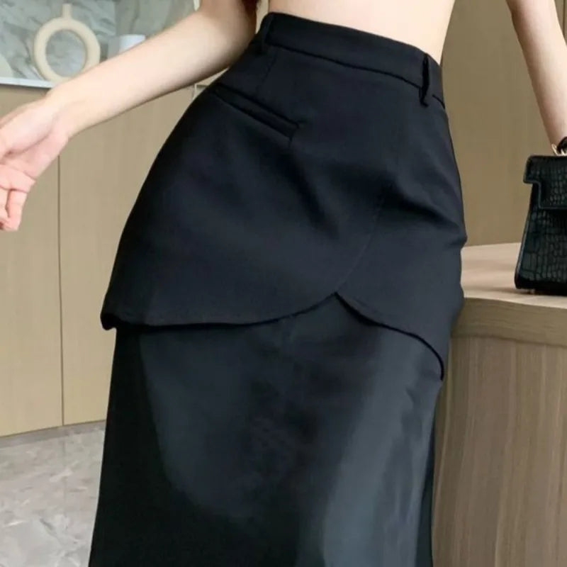 Fashion Skirts for Women All-match Black Cool Girls Summer High Waist Casual Ankle-length Loose A-line Patchwork New Fake 2 Pcs