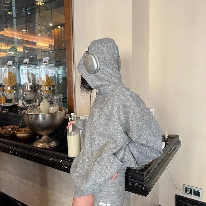 Sweater Set Women American Vintage Hooded Long Sleeve Cardigan Straight Shorts Grey Two Piece Outfit Fall Winter Streetwear Set