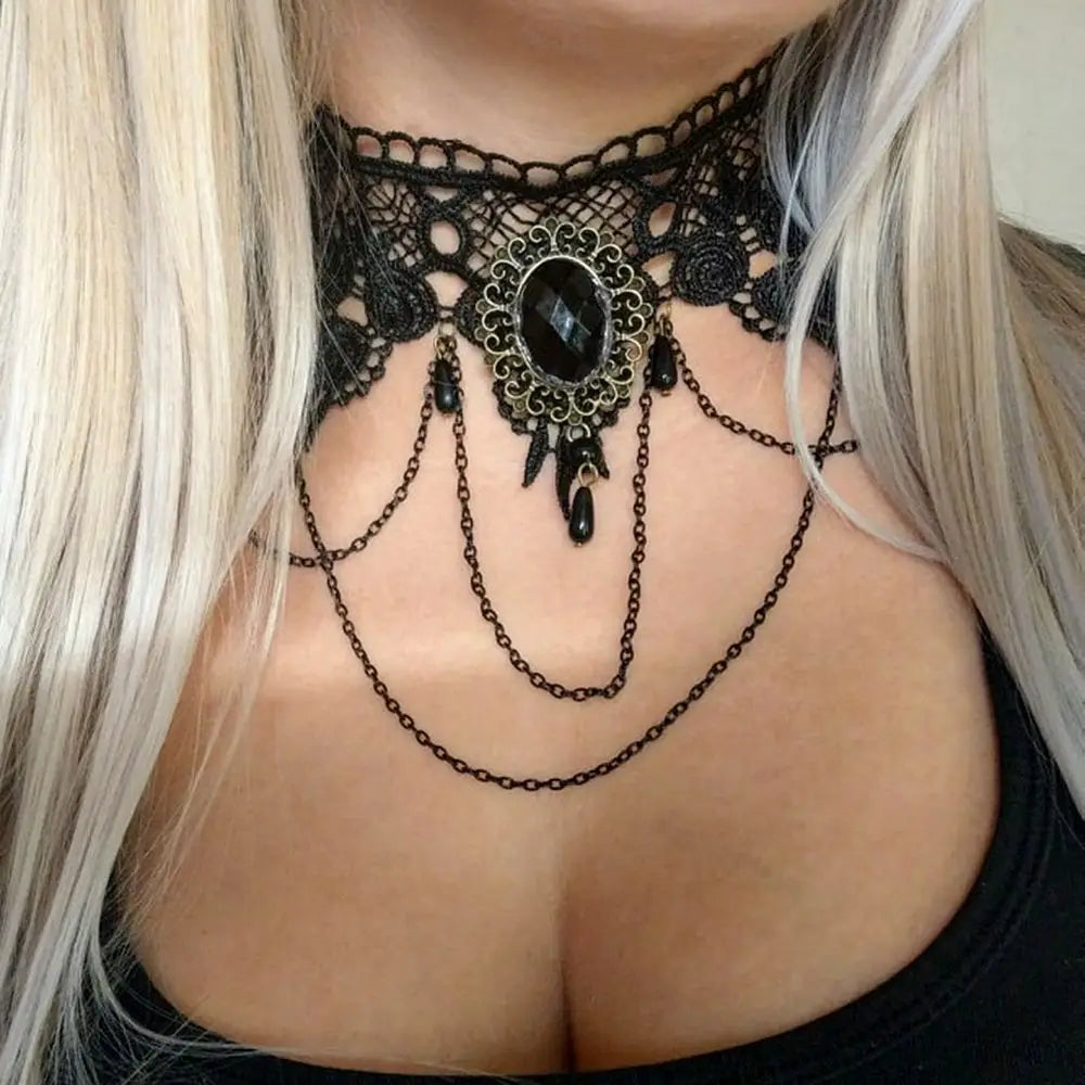 Sexy Black Lace Necklace Vintage Gothic Necklace Steampunk Style Beads Pendant Exquisite Women Choker Fashion Jewelry