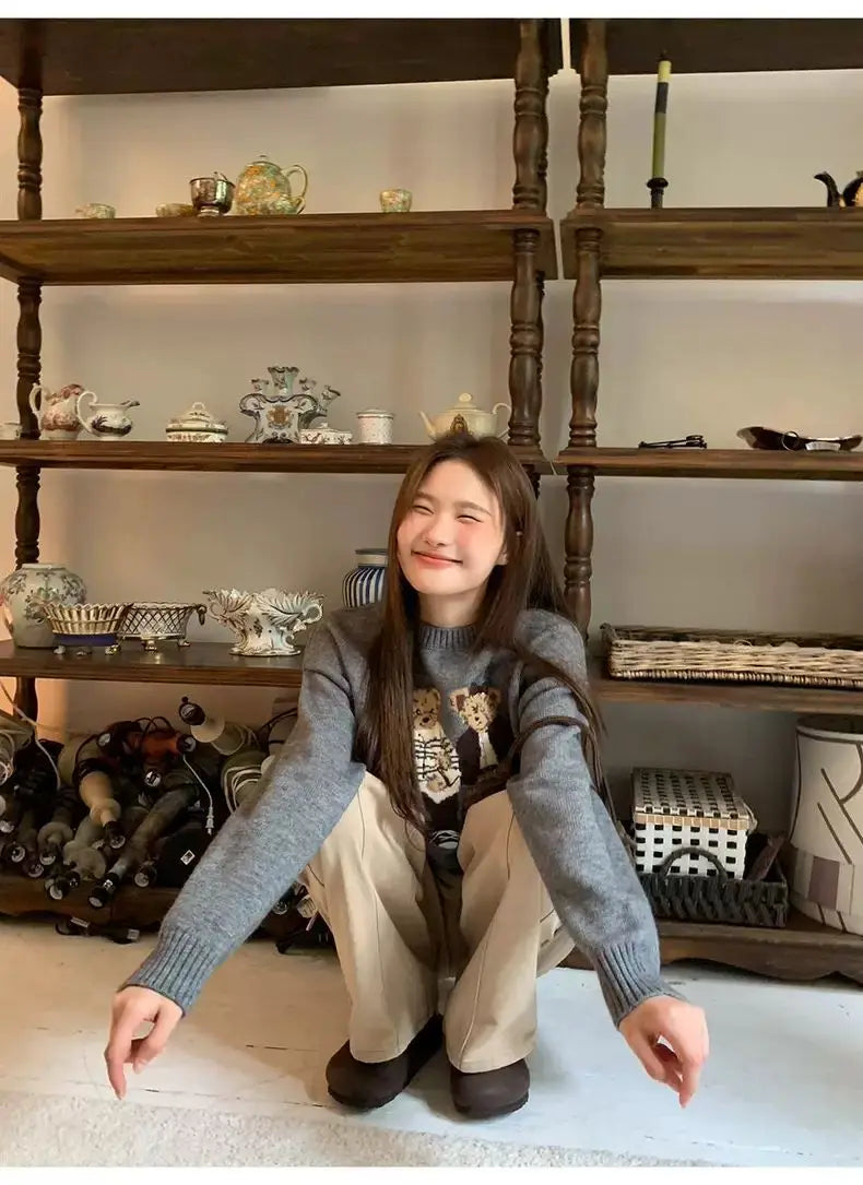 Sweater cartoon small bag core yarn needle retro women's  loose round neck knitted sweater new print black