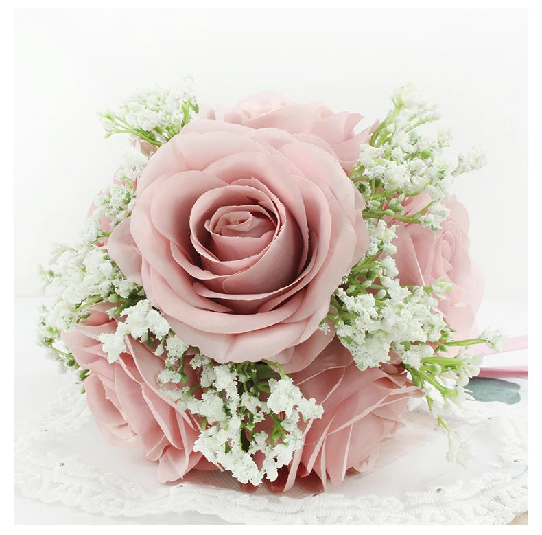 Bridal Bridesmaids Bouquets with Bowknot Ivory Roses Silk Flowers Bouquet for Valentine's Day Marriage Wedding Bride Photography